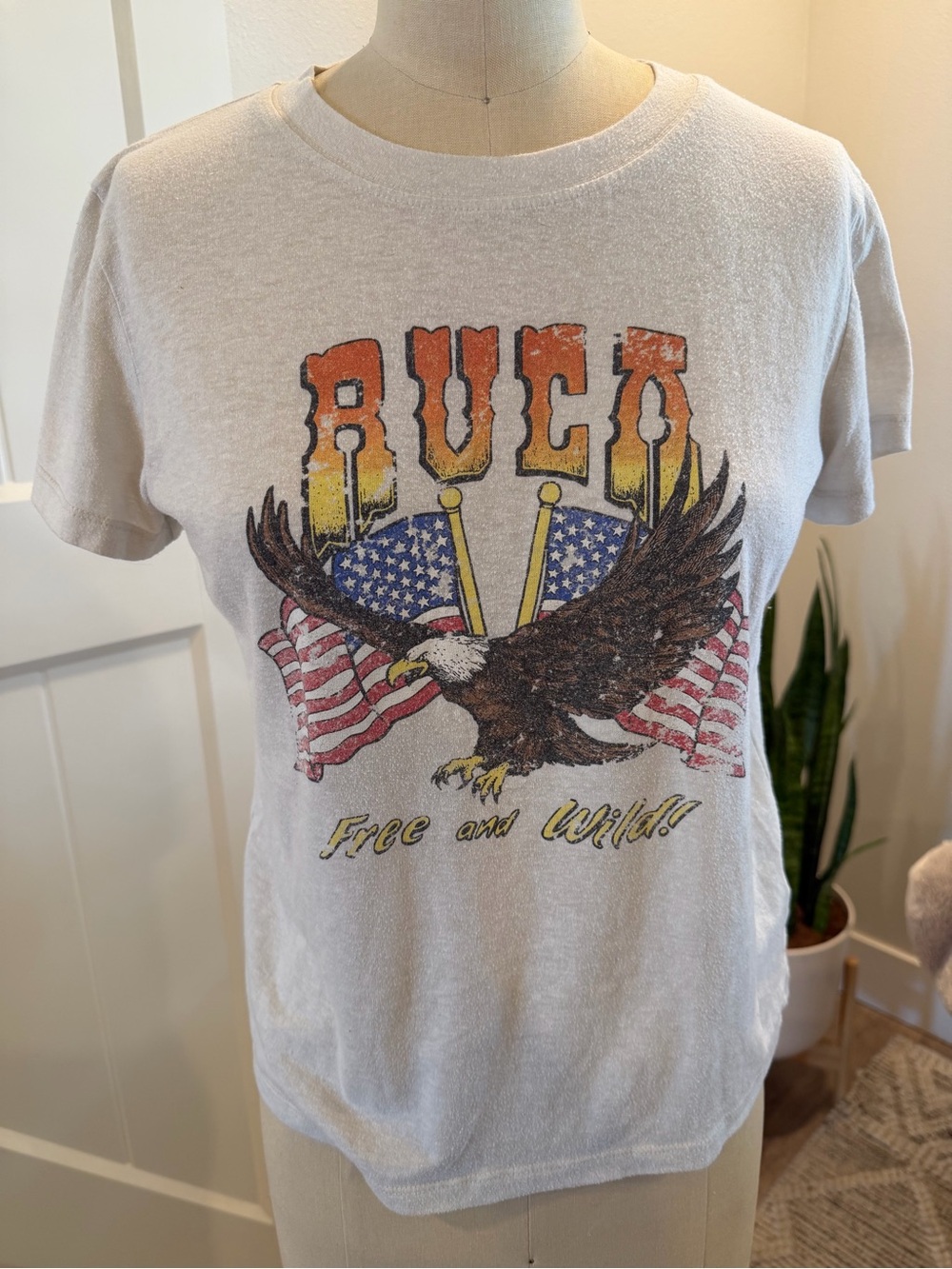 RVCA White Short-Sleeve Tee with Eagle and Flag Graphic